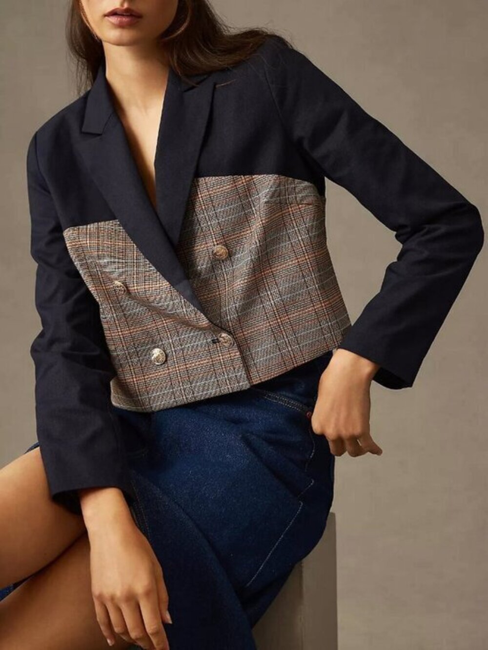 New Jason Wu Plaid Colorblock Linen Blend Blazer Navy Large $320